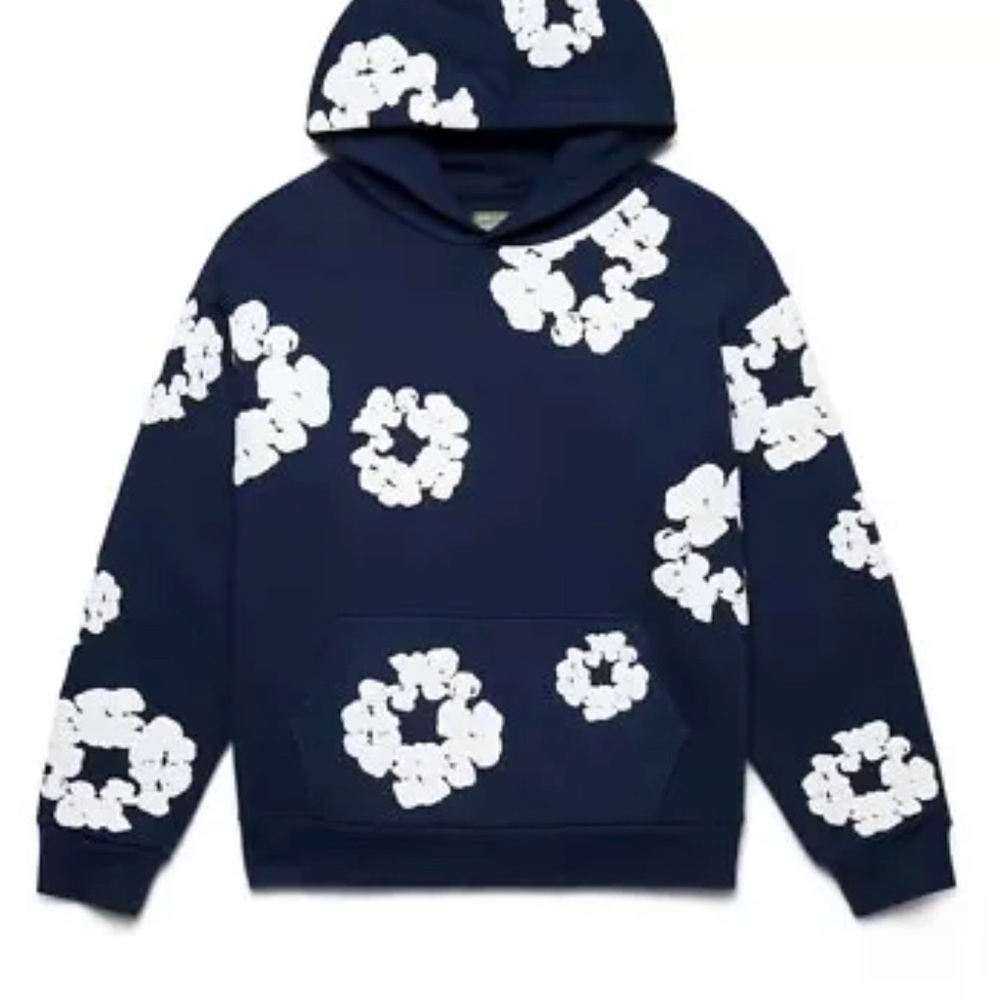 Navy Hoodie with White Floral Patterns denim tears